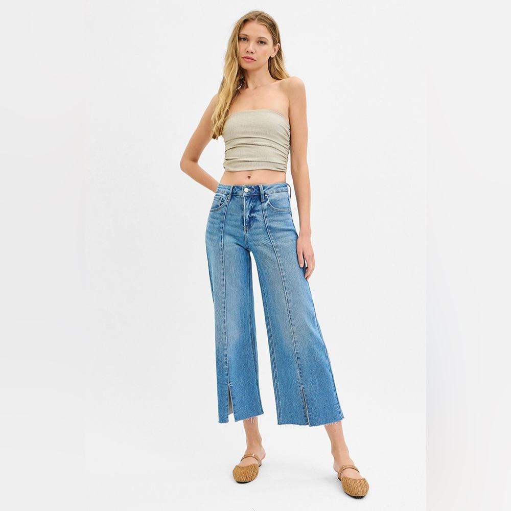 RISEN Tummy Control Mid Rise Crop Wide Front Slit Jeans🆕